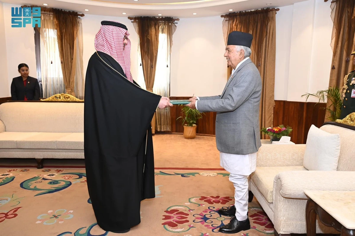 The ambassador of Saudi Arabia, Fahd Mohammad Ajmi Mnikhr, presented his credentials to the Nepalese president, Ramchandra Paudel. (SPA)