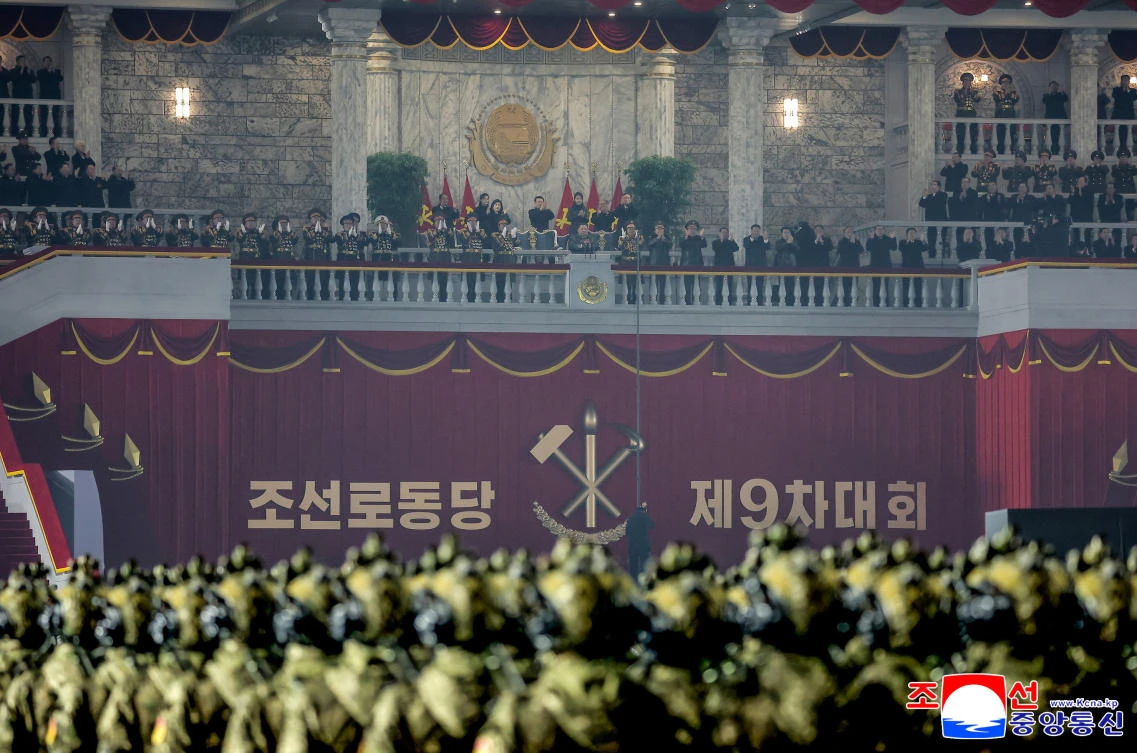 North Korean leader Kim Jong Un attends a military parade to commemorate the Ninth Congress of the ruling Workers’ Party of Korea in Pyongyang on Feb. 25, 2026. (KCNA via Reuters)