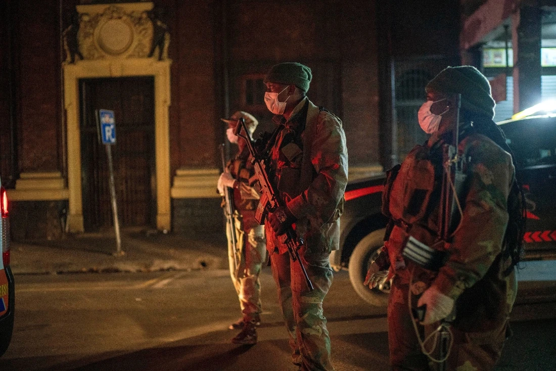 South African Defense Forces patrol downtown Johannesburg, South Africa. (AP)