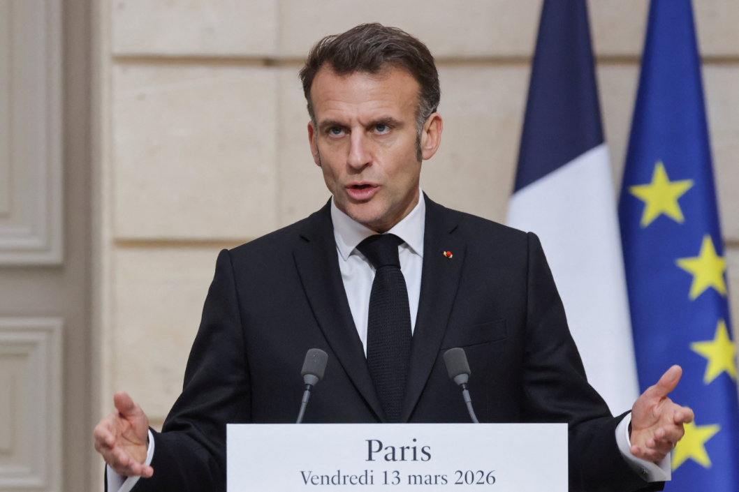 France's President Emmanuel Macron delivers a speech during a press conference in Paris, March 13, 2026. (Reuters)