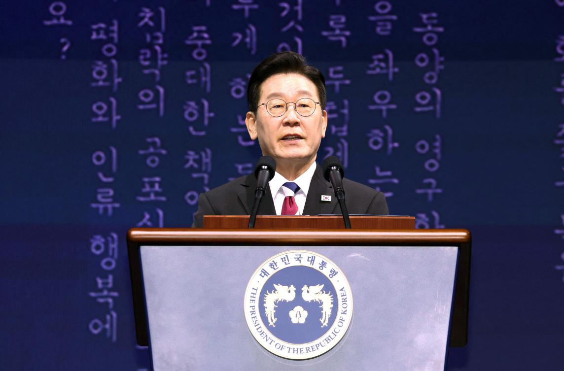 South Korean President Lee Jae Myung said “we will also continue our efforts to resume dialogue with the North.” (Yonhap/AFP)