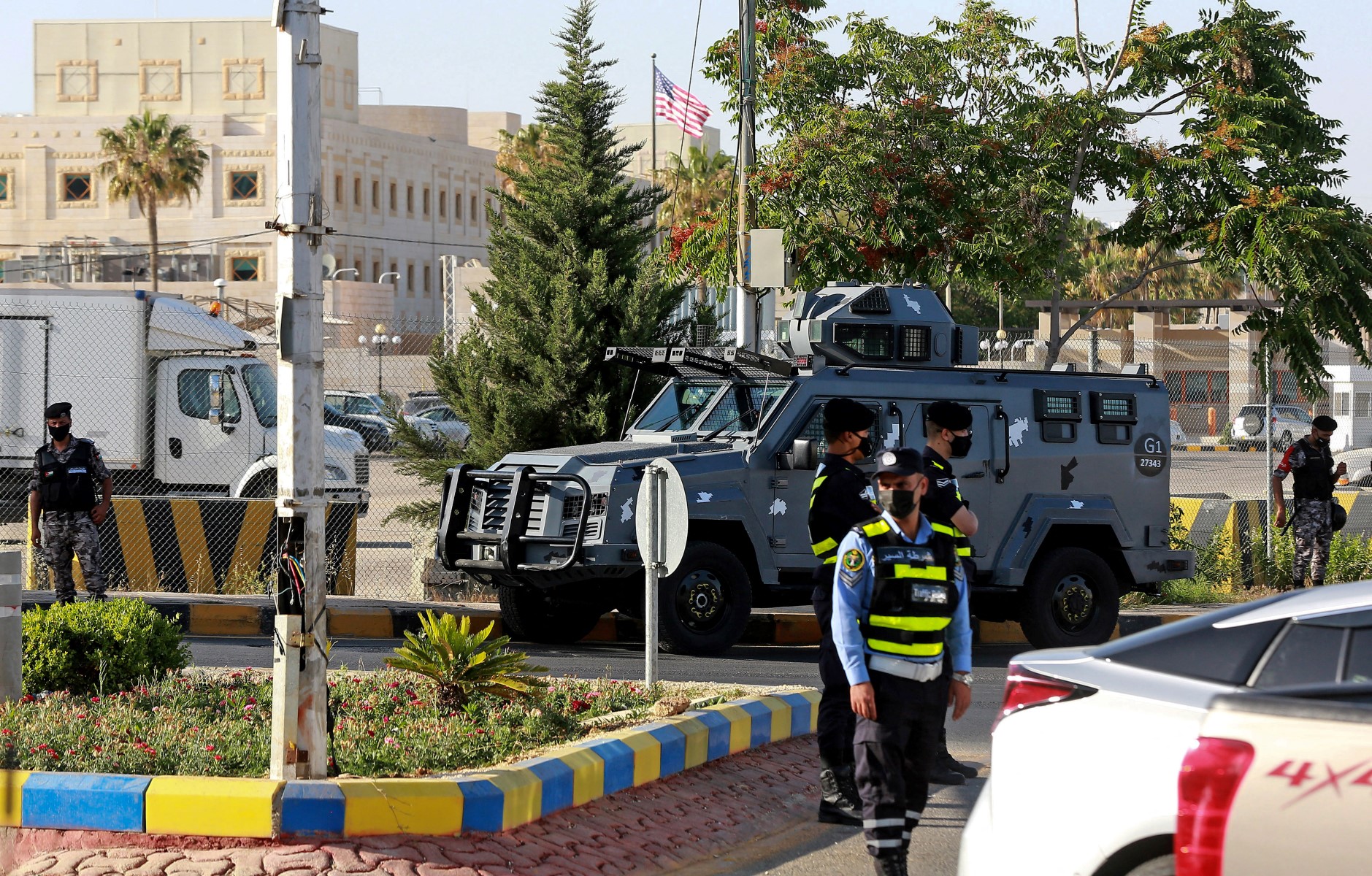 Jordanian police deploy outside the US embassy to prevent a sit-in in Jordan's capital Amman on May 26, 2021. (AFP)