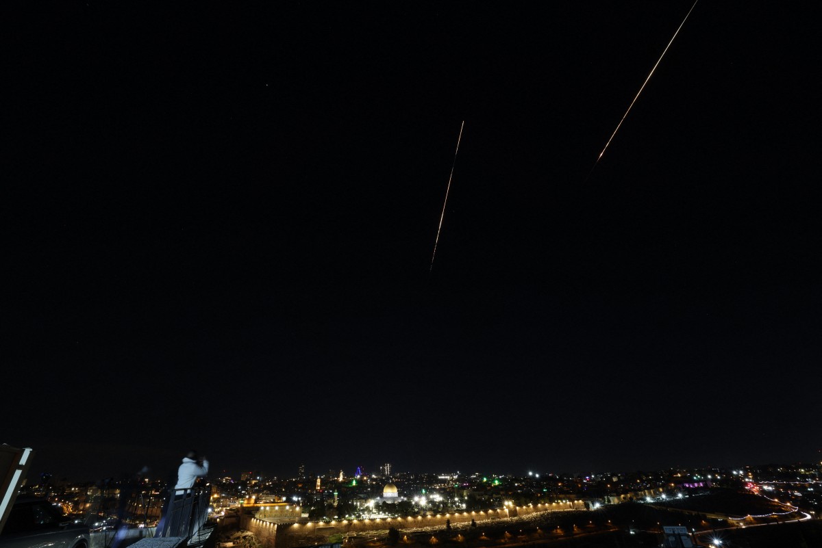 A military projectile is seen in the sky over the Dome of the Rock and the Al-Aqsa Mosque Compound, in the old city of Jerusalem, Feb. 28, 2026. (AFP)