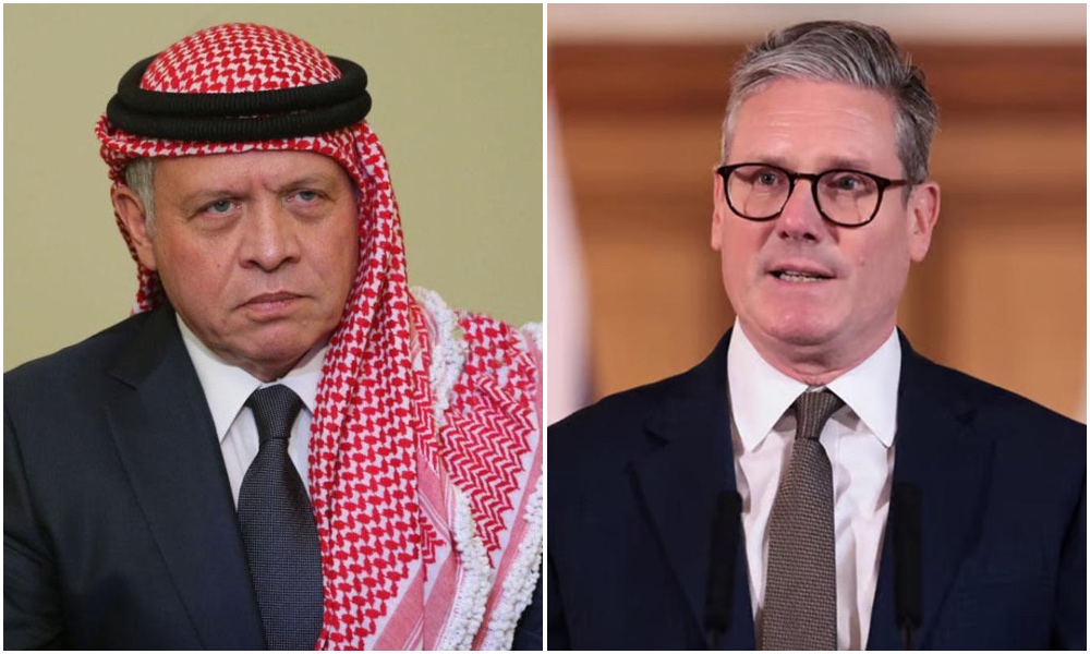 King Abdullah II of Jordan and British Prime Minister Keir Starmer discussed ways to achieve comprehensive calm in the region. (Screengrab / Petra / QNA)