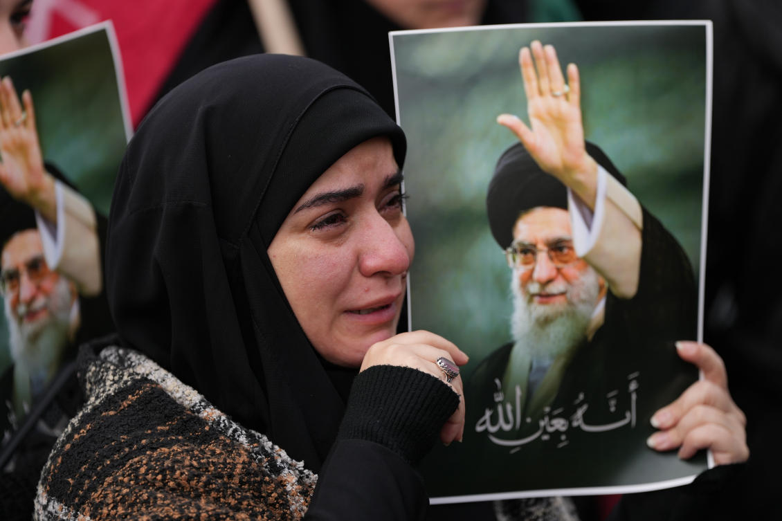 A woman cries as she mourns the death of Iranian Supreme Leader Ayatollah Ali Khamenei, during a gathering in the southern Suburb of Beirut, Lebanon. (AP / Hassan Ammar)
