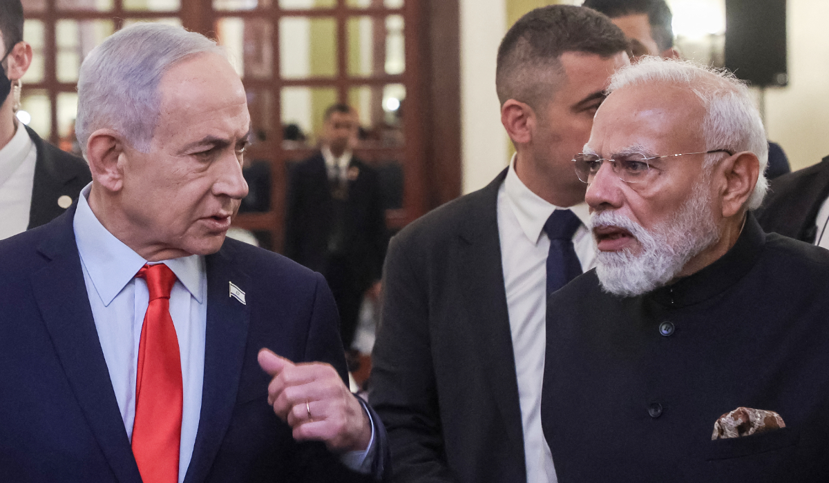Israel's Prime Minister Benjamin Netanyahu (L) and his Indian counterpart Narendra Modi (R) arrive for a press conference in Jerusalem on February 26, 2026. (AFP)