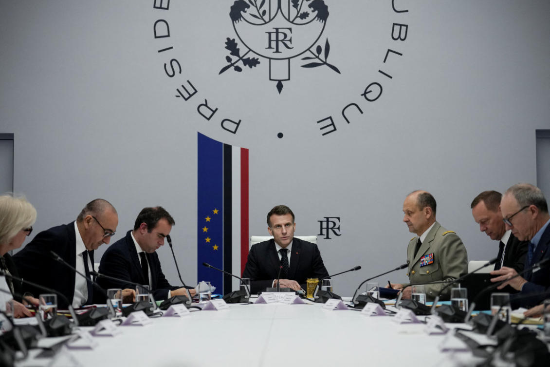 France's President Emmanuel Macron speaks during a national defense council meeting, following US and Israeli strikes on Iran, at the Elysee Palace, in Paris, France, March 1, 2026, in Paris. (Pool via REUTERS)