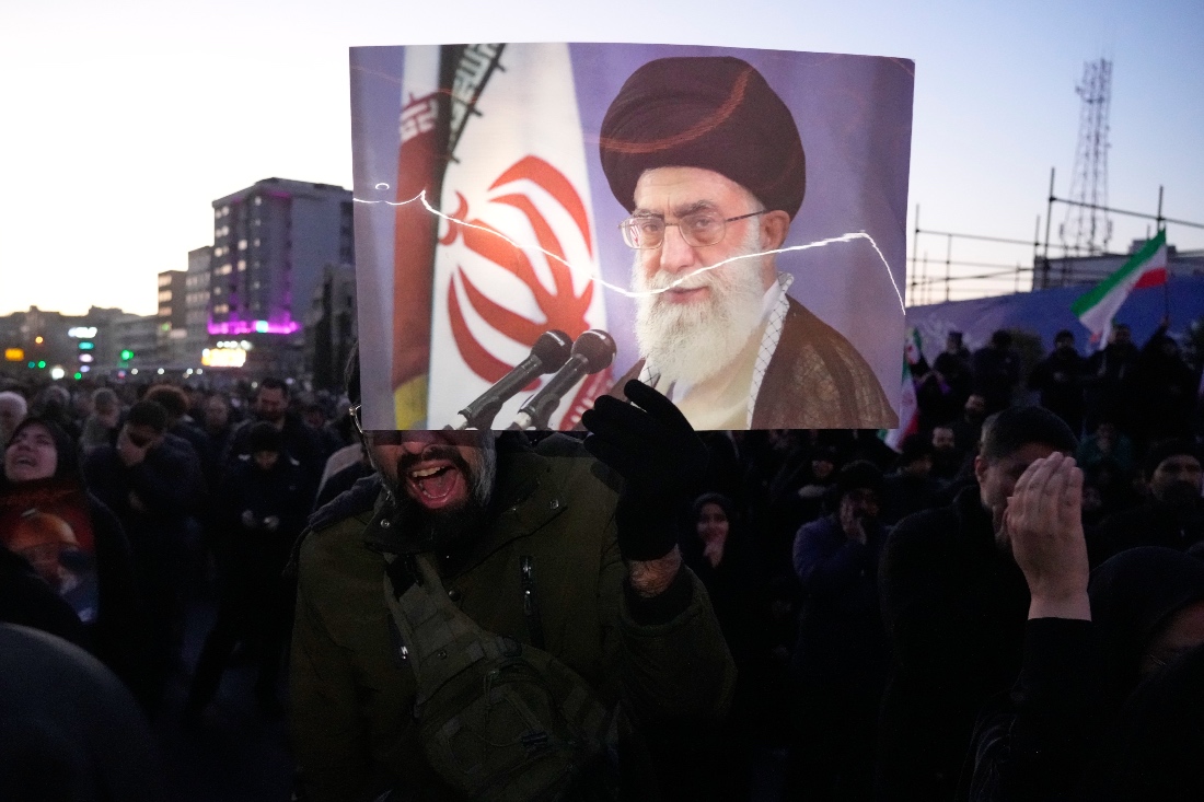 Government supporters mourn in a gathering after state TV officially announced the death of Iranian Supreme Leader Ayatollah Ali Khamenei in Tehran, Iran. (AP)