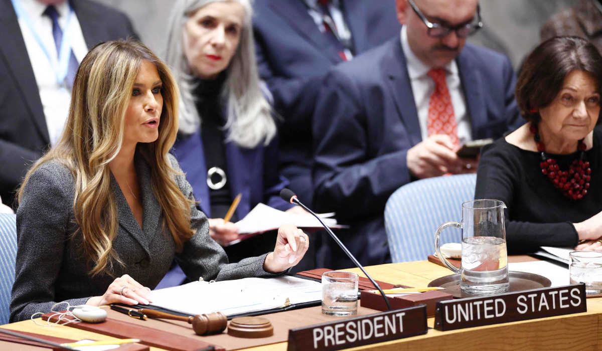 US First Lady Melania Trump speaks as she chairs a meeting of the United Nations Security Council at UN Headquarters in New York on March 2, 2026. (AFP)