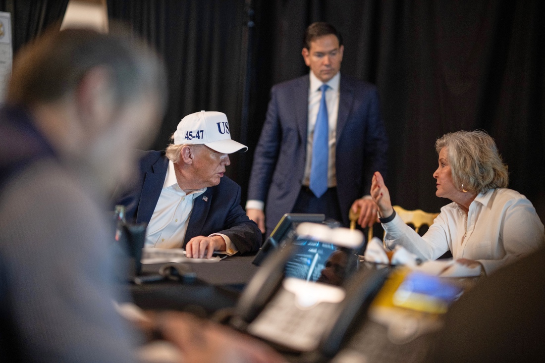 President Donald Trump talking with White House chief of staff Susie Wiles as Secretary of State Marco Rubio listens at Mar-a-Lago in Palm Beach, Florida, US. (AP)