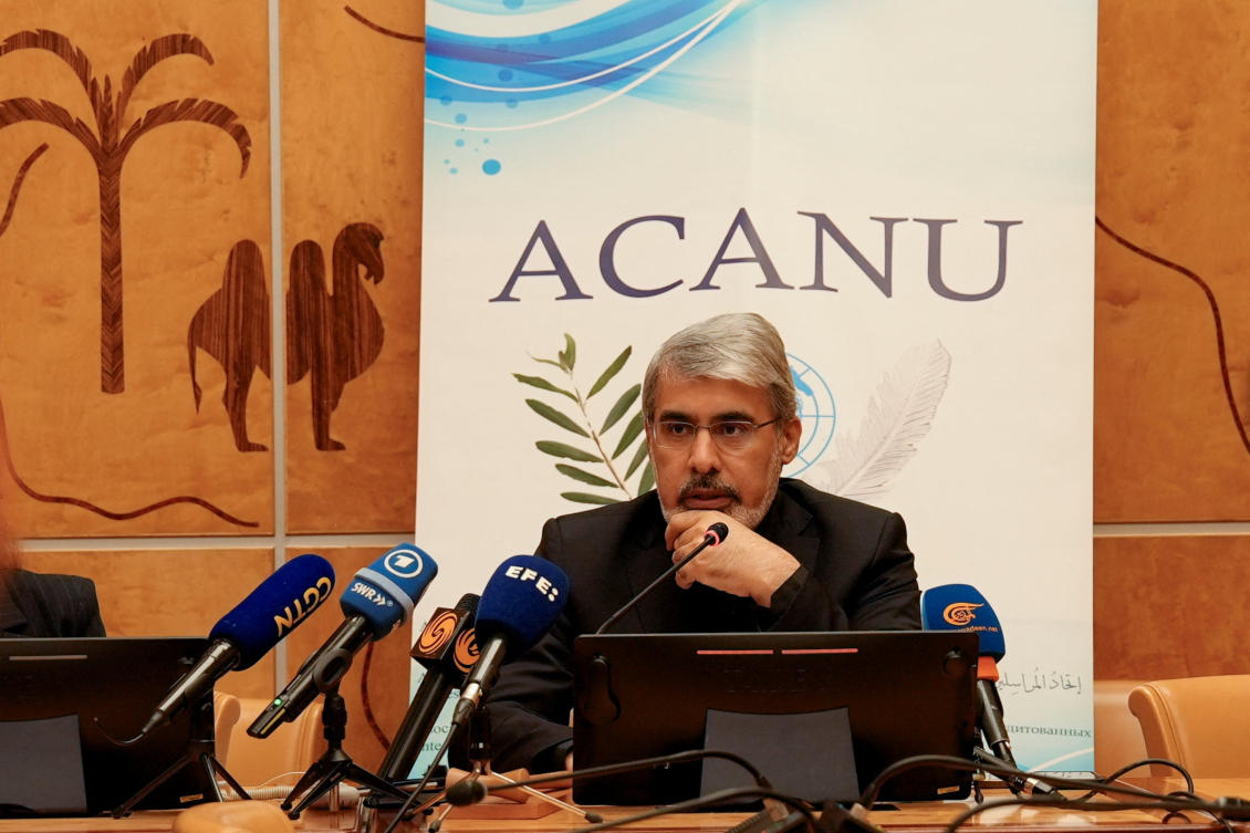 Ambassador and Permanent Representative of Iran to the United Nations in Geneva, Ali Bahreini, speaks to reporters in Geneva, Mar. 3, 2026. (Reuters)