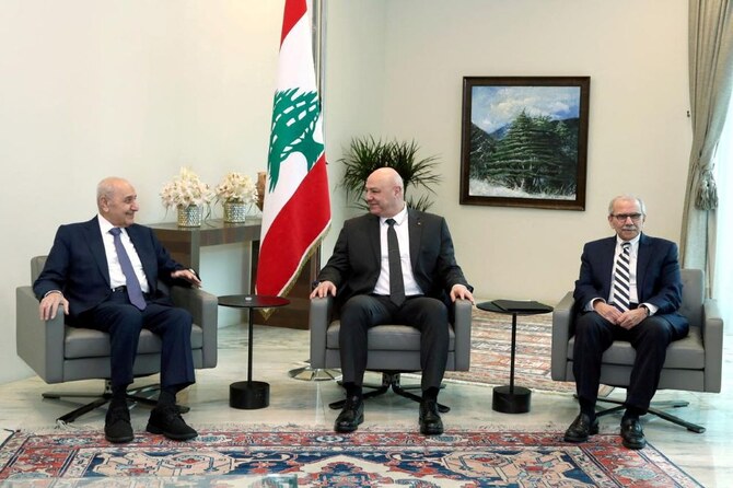 Lebanese Parliament Speaker Nabih Berri, President Joseph Aoun and Prime Minister Nawaf Salam at the Presidential Palace in Baabda, Lebanon, in 2025. (Reuters/File)