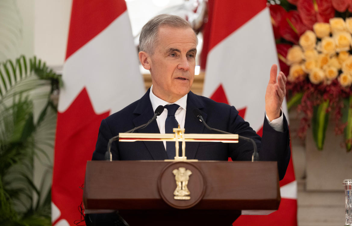 Canadian Prime Minister Mark Carney speaks during an event with Indian Prime Minister Narendra Modi in New Delhi, India on Monday, March 2, 2026. (AP)