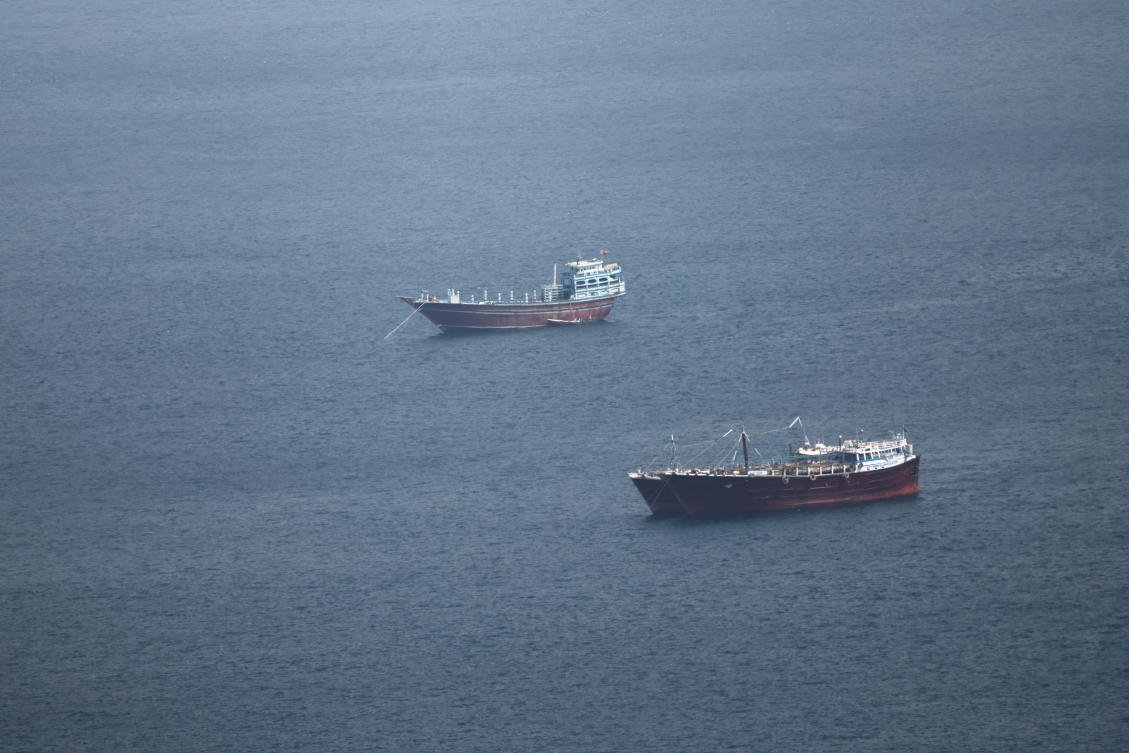 Dhows in the Strait of Hormuz amid the US-Israeli conflict with Iran, as seen from Musandam, Oman, March 2, 2026. (Reuters)