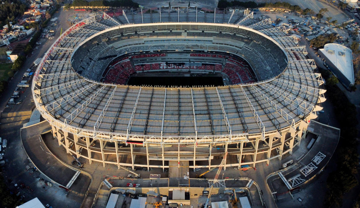 Aerial view of renovation works at Banorte Stadium, also known as Azteca Stadium is carried out as part of a commercial agreement ahead of the 2026 FIFA World Cup — Mexico marks 100 days to go until the World Cup — Mexico City, Mexico — Mar. 3, 2026. (Reuters)
