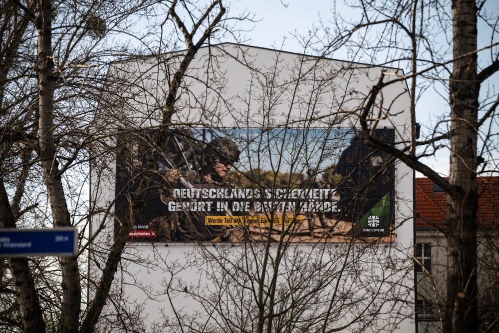 A giant billboard displays an ad for the German armed forces (Bundeswehr) on a building of the defence ministry in Berlin on February 26, 2026. (AFP)