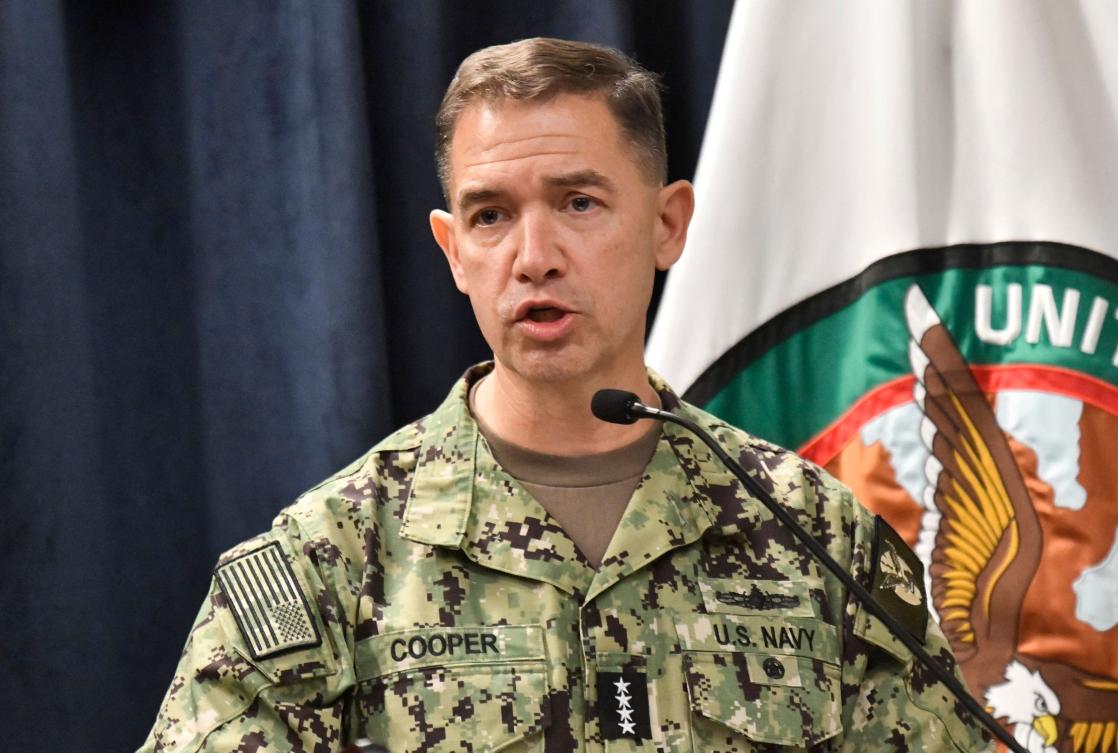 Admiral Brad Cooper, Commander of US Central Command speaks during a joint press conference with US Secretary of Defense Pete Hegseth, at CENTCOM headquarters on Thursday. (AFP)