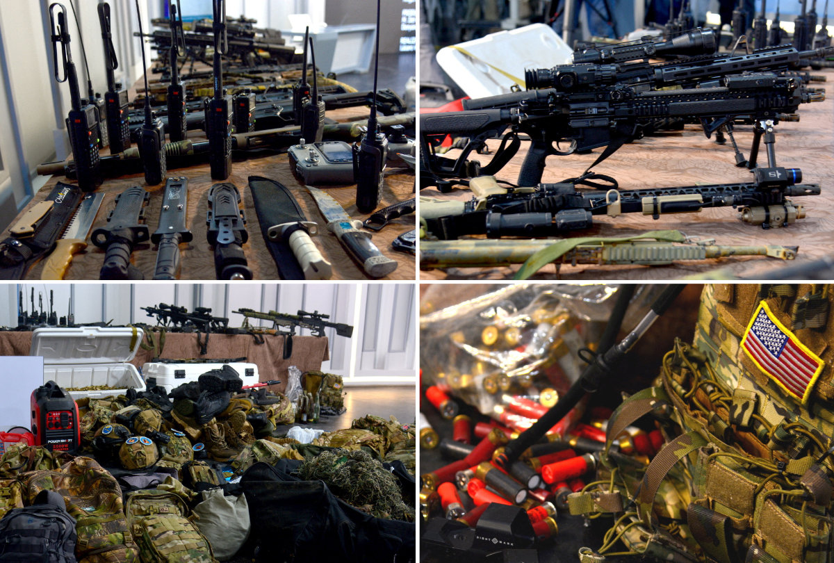 In this combination of images, gear and weapons seized from a Florida-registered speedboat are displayed for the media, as Cuban authorities confirmed a fifth person has died on March 4 from injuries sustained after Cuban forces confronted armed men who entered Cuban waters from the US on February 25, in Havana, Cuba. (ACN photos/via REUTERS)