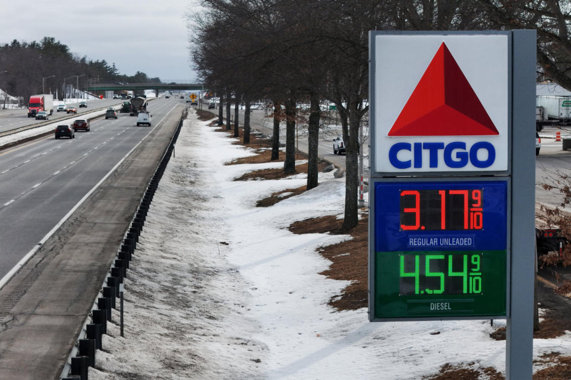 A drone view shows prices for gasoline and diesel fuel at a highway service station in Kennebunk, in the US state of Maine on March 5, 2026, amid the US-Israeli conflict with Iran. (REUTERS)