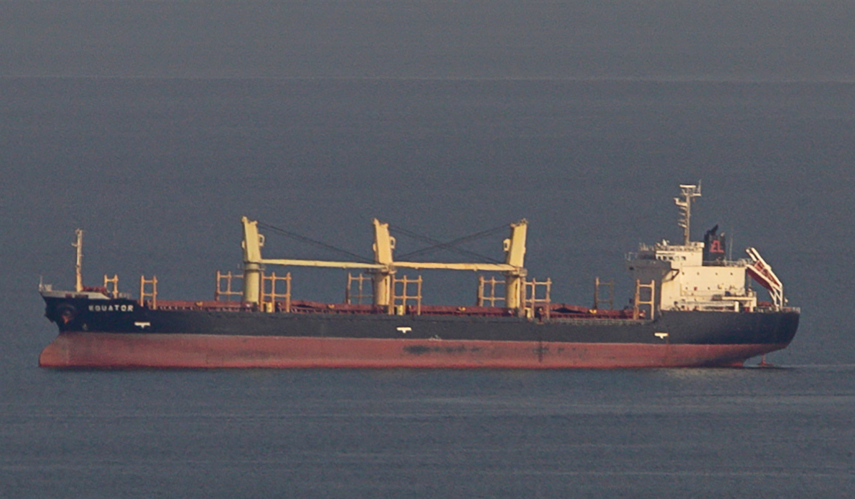 The bulk carrier Equator, under the flag of Marshall Islands, floats to collect grain from one of the ports of Odesa region on October 3, 2023, amid the Russian invasion of Ukraine. (AFP file photo)