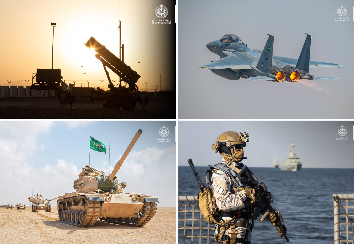 This combination of photos provided by Saudi Arabia's Ministry of Defense shows the Kingdom's air, ground and naval forces on alert as the US-Israel-Iran war threatens to spill over to countries in the region. (X:@modgovksa)
