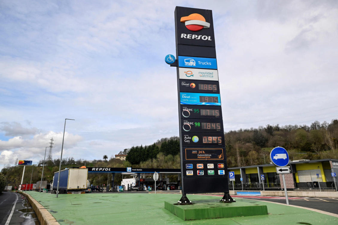 Picture taken on March 8, 2026, shows oil prices displayed at a petrol station in the Spanish Basque city of Hernani. The US-Israeli war on Iran has expanded across the Gulf and beyond, upending global energy markets and trade, and virtually halting traffic in the Strait of Hormuz, through which a fifth of the world's crude oil travels. (AFP)