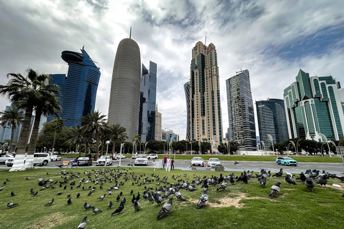 High-rise buildings by an overcast sky along the Doha corniche on March 8, 2026. (File/AFP)