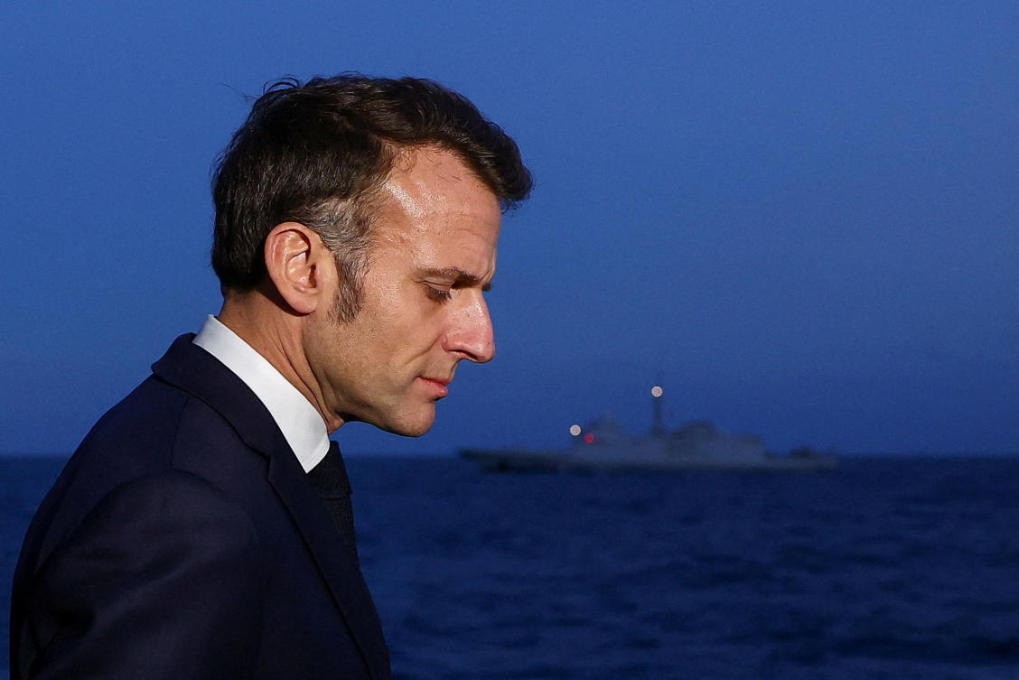 French President Emmanuel Macron arrives to speak to members of the media as he visits the French aircraft carrier Charles de Gaulle, on the day of his visit to Cyprus, showing France’s solidarity after recent drone attacks amid the US-Israeli conflict with Iran, and aimed at reinforcing European security in the Eastern Mediterranean, on the Mediterranean Sea, March 9, 2026. (Reuters)