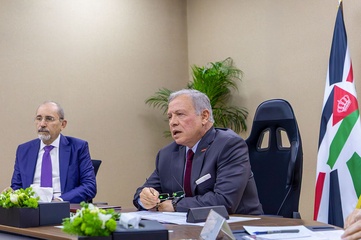 King Abdullah II of Jordan is speaking during a teleconference with leaders from several countries. (Petra)