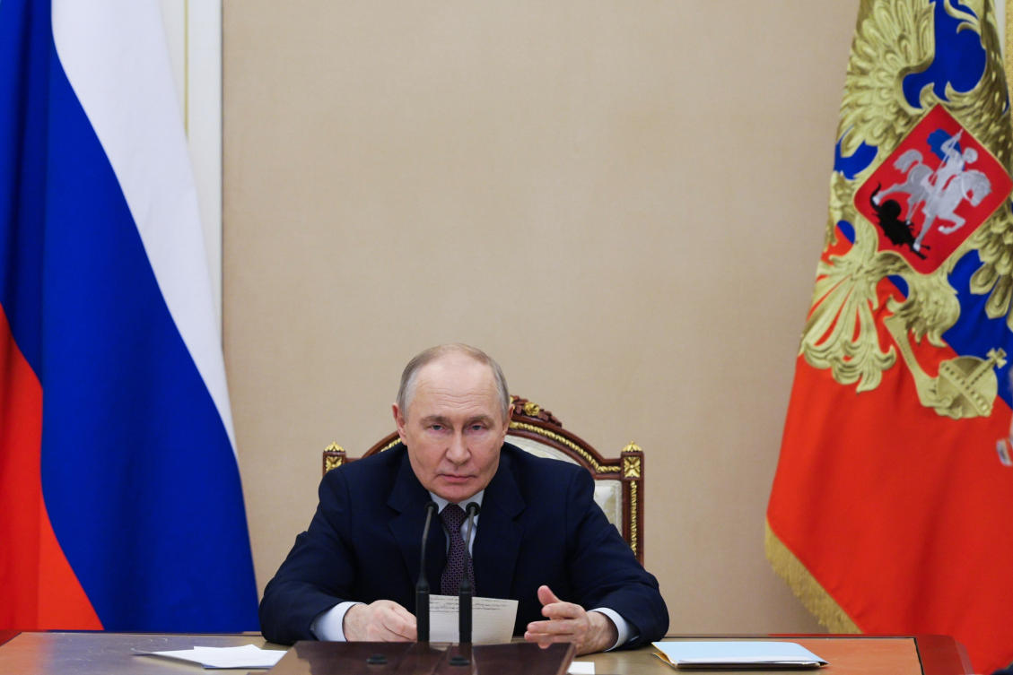 Russian President Vladimir Putin chairs a government meeting on the situation in the global energy market at the Kremlin in Moscow, March 9, 2026. (AP)