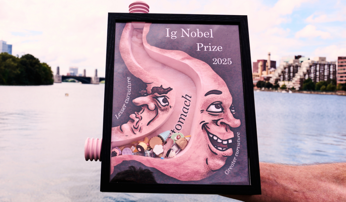 An 2025 Ig Nobel award, one of many that will be awarded by the Annals of Improbable Research magazine for silly sounding scientific discoveries that often have surprisingly practical applications, is displayed, Sept. 17, 2025, in Boston. (AP)