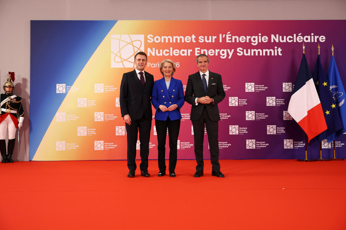 French President Emmanuel Macron, left, and Rafael Grossi, Director General of the International Atomic Energy Agency (IAEA), welcome European Commission President Ursula von der Leyen, center, at the IAEA Nuclear Energy Summit in Paris, Tuesday, March 10, 2026. (AP)