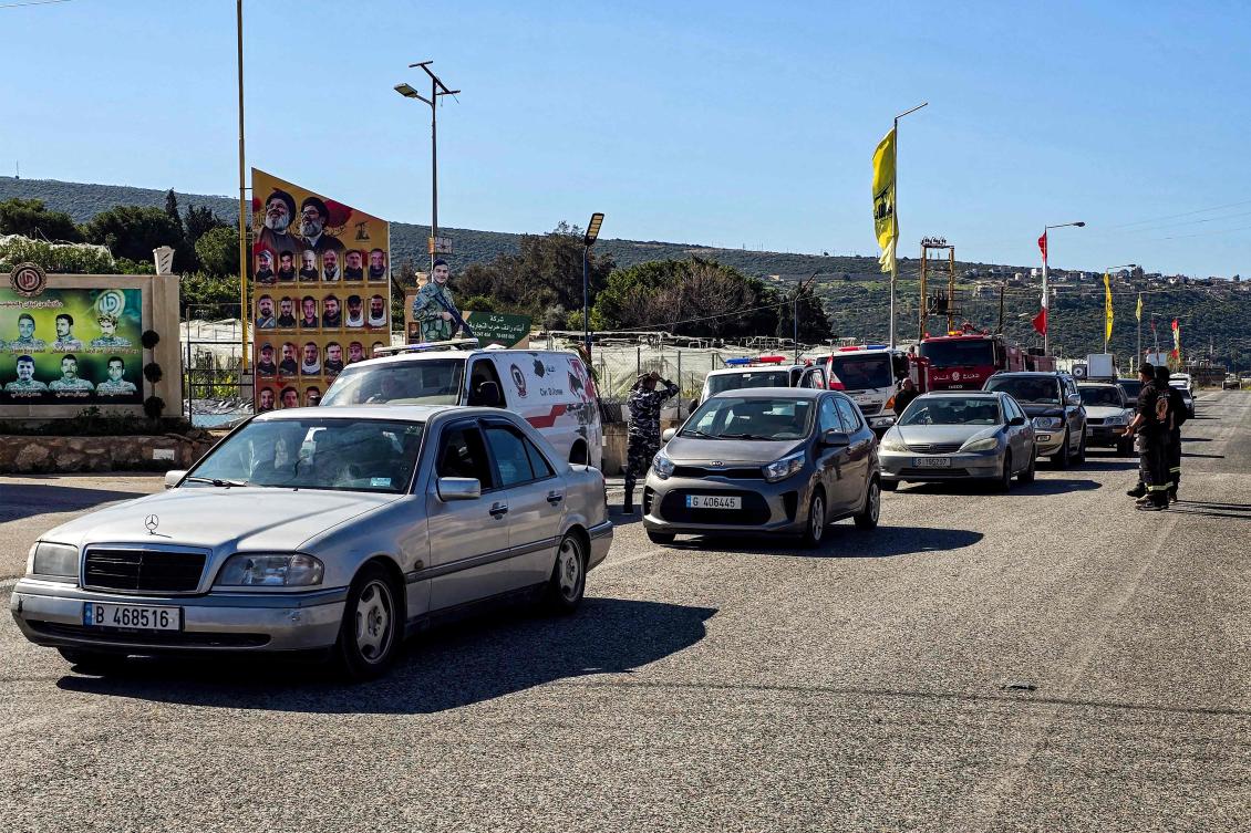 A convoy of vehicles evacuating residents from the Christian village of Alma Al-Shaab in southern Lebanon passes through the area of Naqura on Mar. 10, 2026. (AFP)