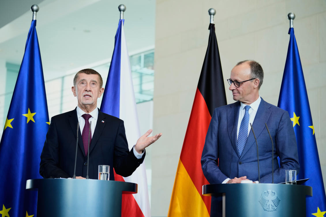 Czech Republic’s Prime Minister Andrej Babis, left, and German Chancellor Friedrich Merz attend a press conference in Berlin, Mar. 10, 2026. (AP)