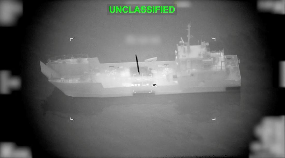 A projectile approaches what US Central Command (CENTCOM) says is an Iranian naval vessel, during strikes that included attacks on mine-laying vessels. (REUTERS)