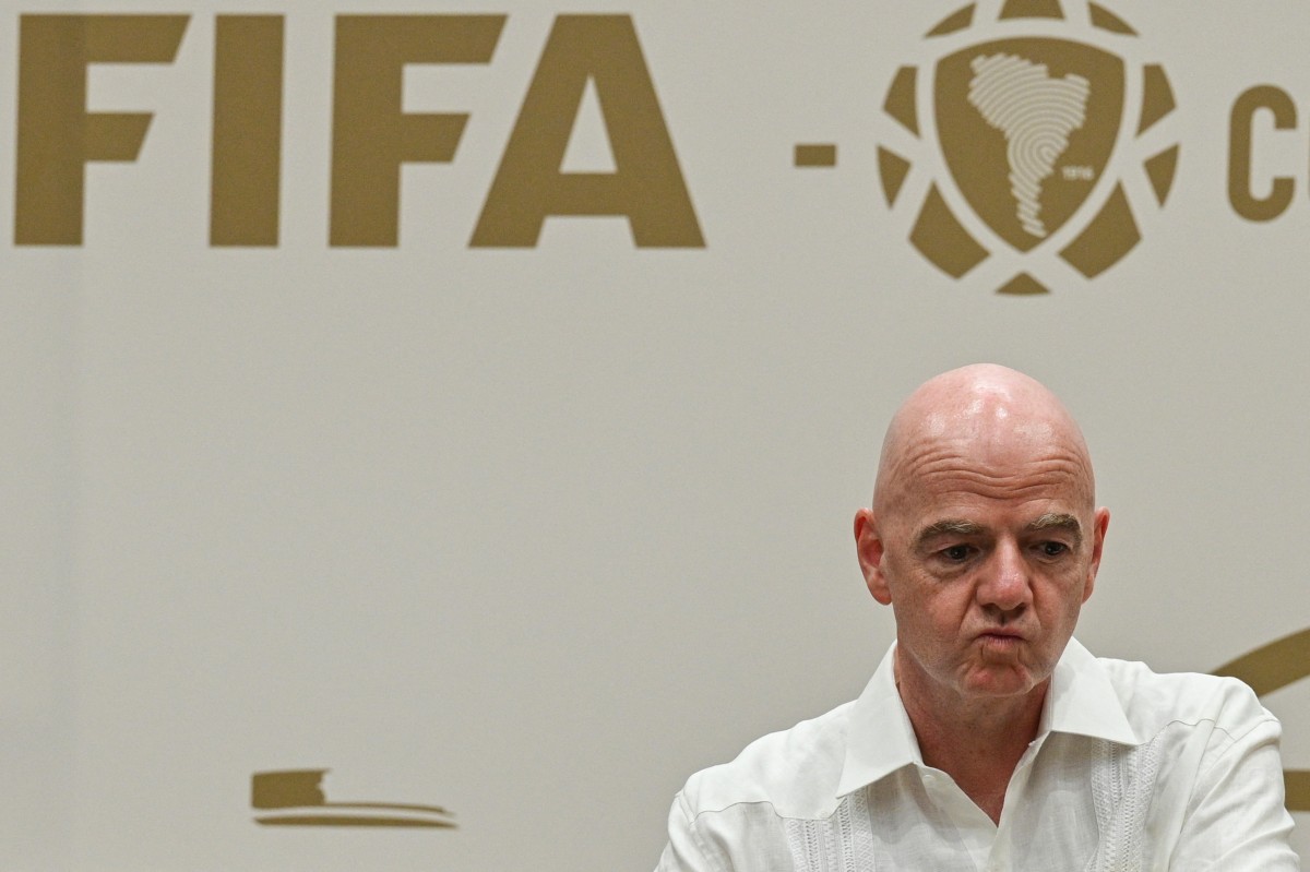 FIFA President Gianni Infantino gestures during his visit to the new Concentration Hotel of the Colombian Football Federation in Barranquilla, Colombia, on February 24, 2026. (AFP)