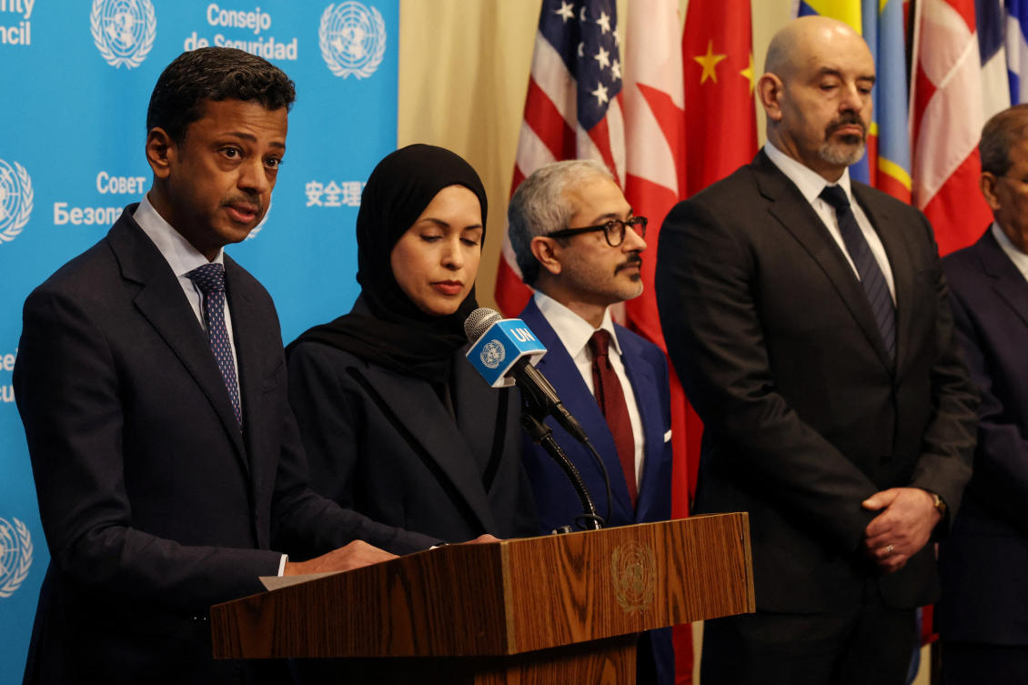 Jamal Alrowaiei, Bahrain's UN ambassador, addresses the media at the UN headquarters in New York on Wednesday. (Reuters)