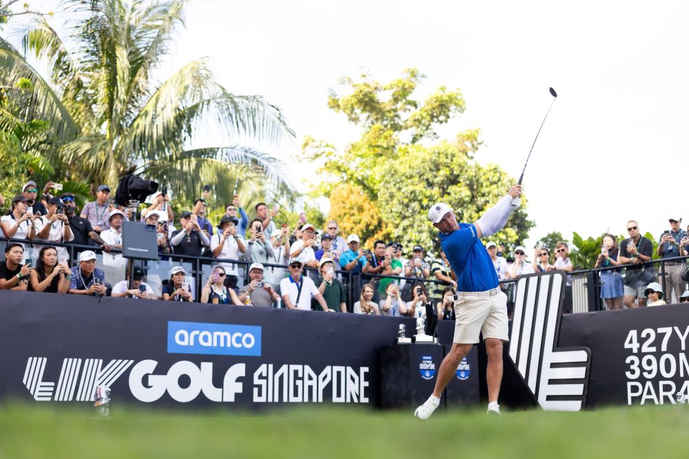Captain Bryson DeChambeau of Crushers GC hits his shot from the first tee during the first round of Aramco LIV Golf Singapore at Sentosa Golf Club on Thursday. (Chris Trotman/LIV Golf)