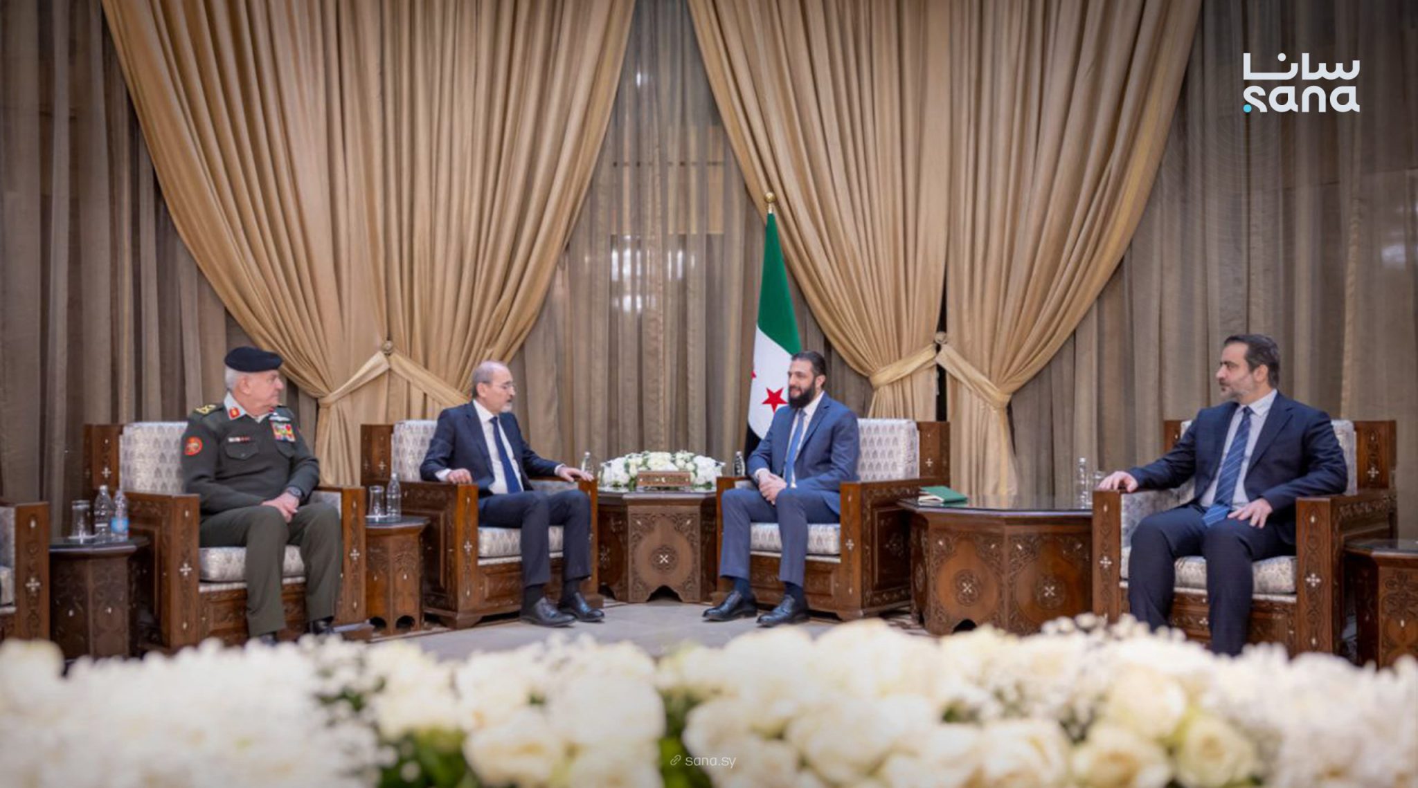 Syria’s President Ahmad Al-Sharaa and Minister of Foreign Affairs Asaad Al-Shaibani met with Jordan’s Minister of Foreign Affairs Ayman Safadi and Maj. Gen. Yousef Huneiti, chairman of the Joint Chiefs of Staff. (SANA)