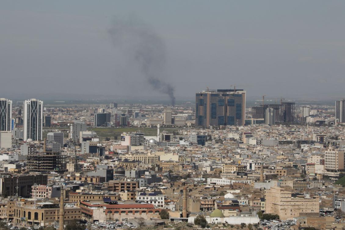 A plume of smoke rises following an interception of a drone in Erbil on Thursday. (AFP)