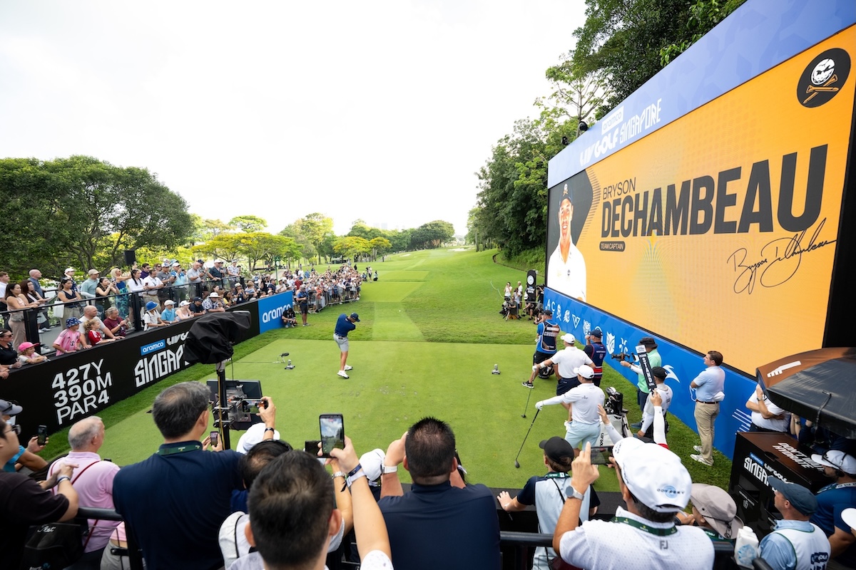 Captain Bryson DeChambeau of Crushers GC hits his shot from the first tee during the second round of Aramco LIV Golf Singapore at Sentosa Golf Club on Friday. (LIV Golf)
