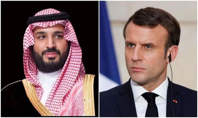 Crown Prince Mohammed bin Salman spoke on the phone on Friday with French President Emmanuel Macron, during which the two leaders discussed the ongoing military escalation in the region and its potential impact on global security. (SPA/AFP)