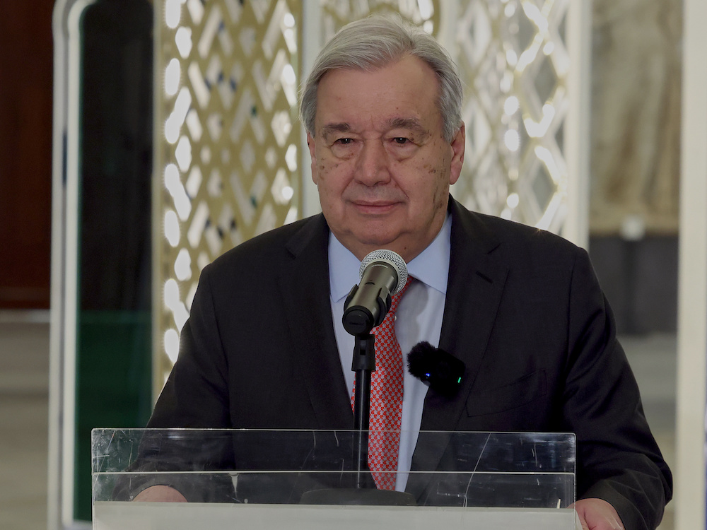 In this photo released by the Lebanese Presidency press office, United National Secretary-General Antonio Guterres, speaks to journalists after his meeting with the Lebanese president Joseph Aoun, at the presidential place in Baabda, east of Beirut, Lebanon, Friday, March 13, 2026. (Lebanese Presidency press office via AP)