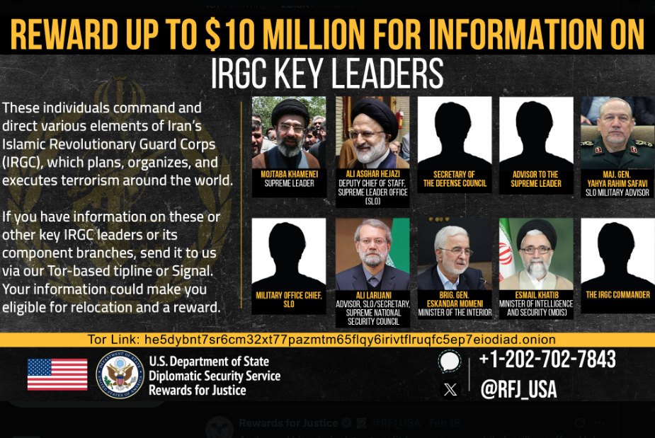 The State Department’s “Rewards for Justice” program is offering $10 million for information on key Iranian leaders. (RewardsforJustice)