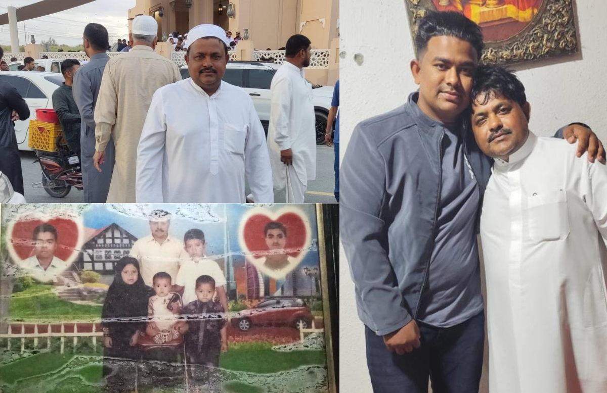 This collage shows Saleh Ahmed, a 48-year-old Bangladeshi migrant worker, and his family over the years. On Feb. 28, Ahmed was killed by missile debris during an aerial interception over Ajman, UAE, amid an escalating conflict in the Middle East. (Saleh Ahmed's Family)