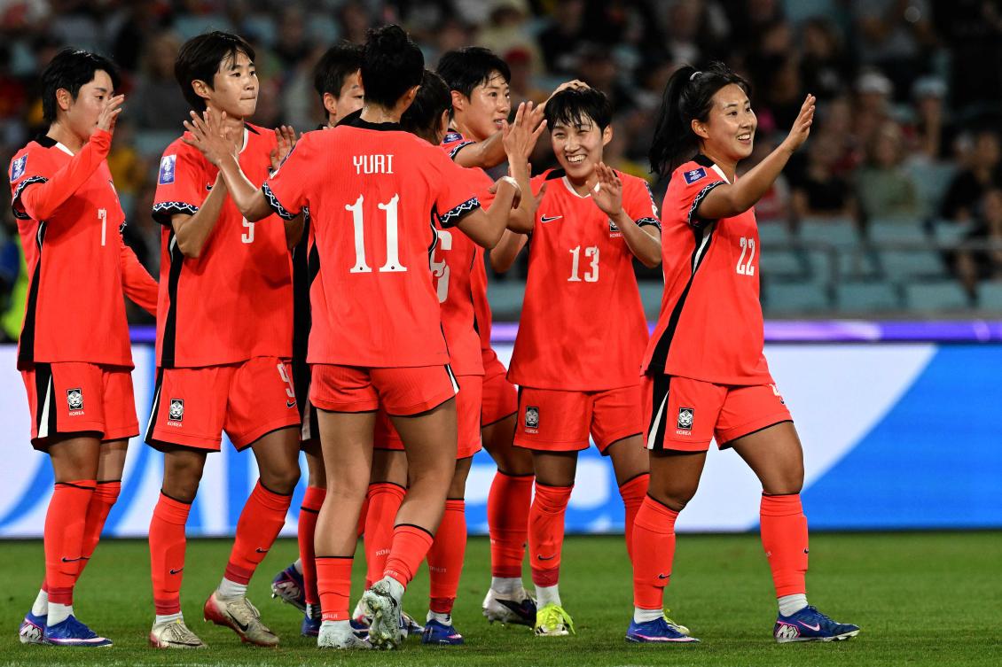 South Korea’s Park Soo-jeong (2nd R) celebrates her goal with a teammates during their AFC Women’s Asian Cup Australia 2026 match against Uzbekistan at Accor Stadium in Sydney on Mar. 14, 2026. (AFP)