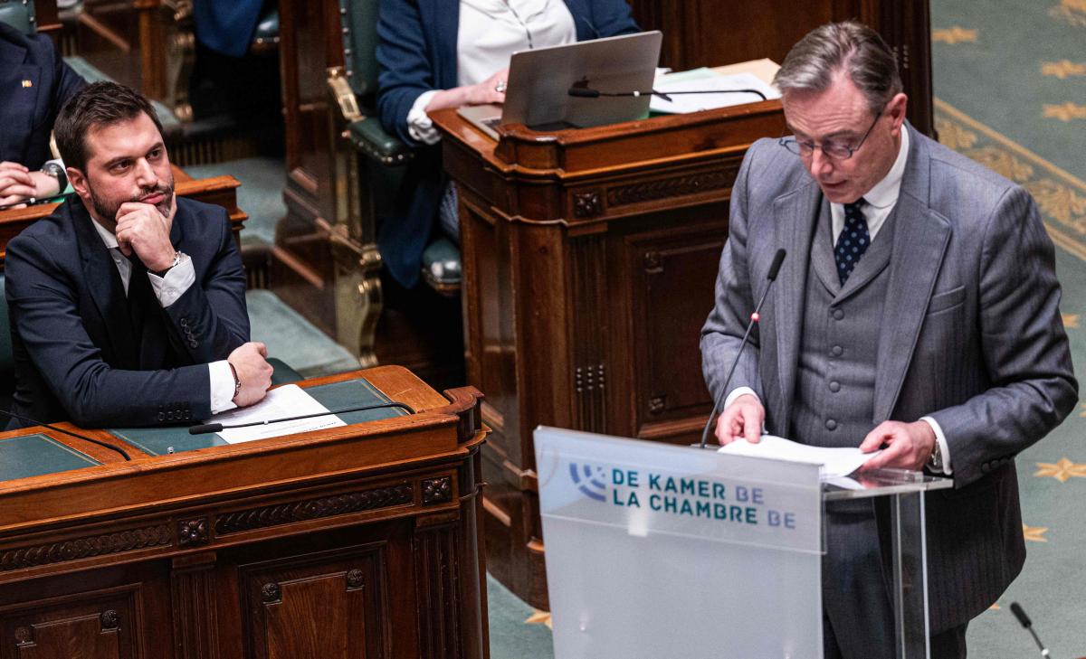 Belgium’s Prime Minister Bart De Wever speaks next to Belgian politician of the MR party Georges-Louis Bouchez during a plenary session of the Chamber at the Federal Parliament in Brussels on March 12, 2026. (AFP)