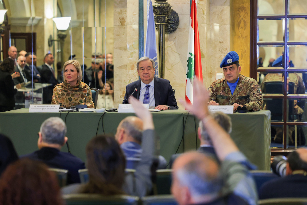 United Nations Secretary-General Antonio Guterres, United Nations Special Coordinator for Lebanon Jeanine Hennis-Plasschaert and Major General Diodato Abagnara attend a press conference, following an escalation between Hezbollah and Israel amid the U.S.-Israeli conflict with Iran, in Beirut, Lebanon, March 14, 2026. (Reuters)