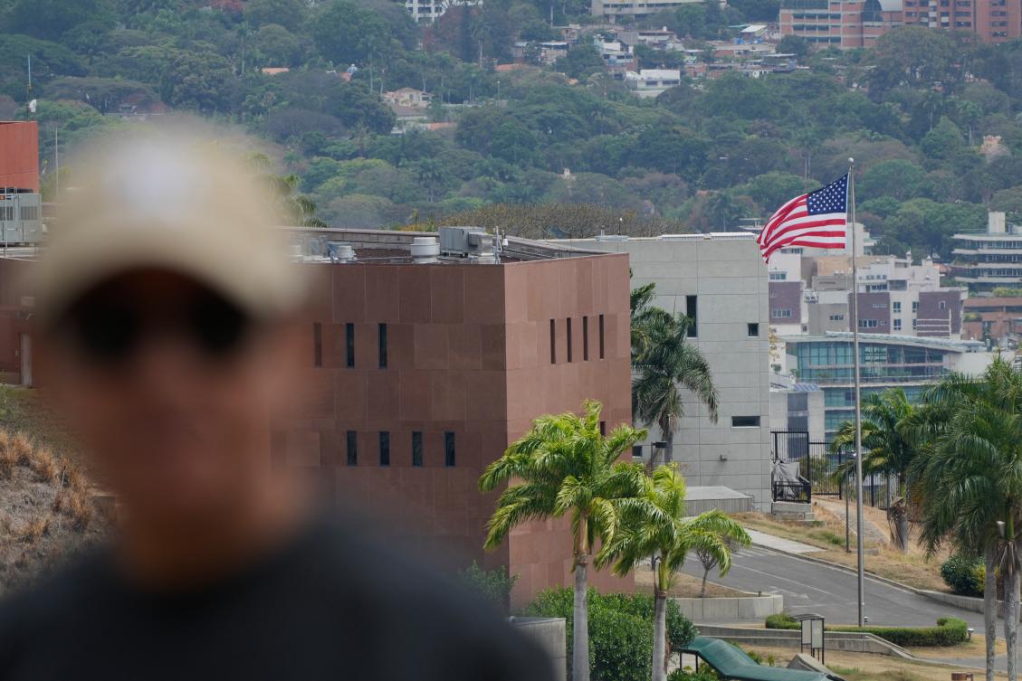 An American flag flies again at the US Embassy in Caracas, Venezuela, Saturday, March 14, 2026, seven years after it was lowered when Washington and Caracas cut diplomatic relations in 2019. (AP)
