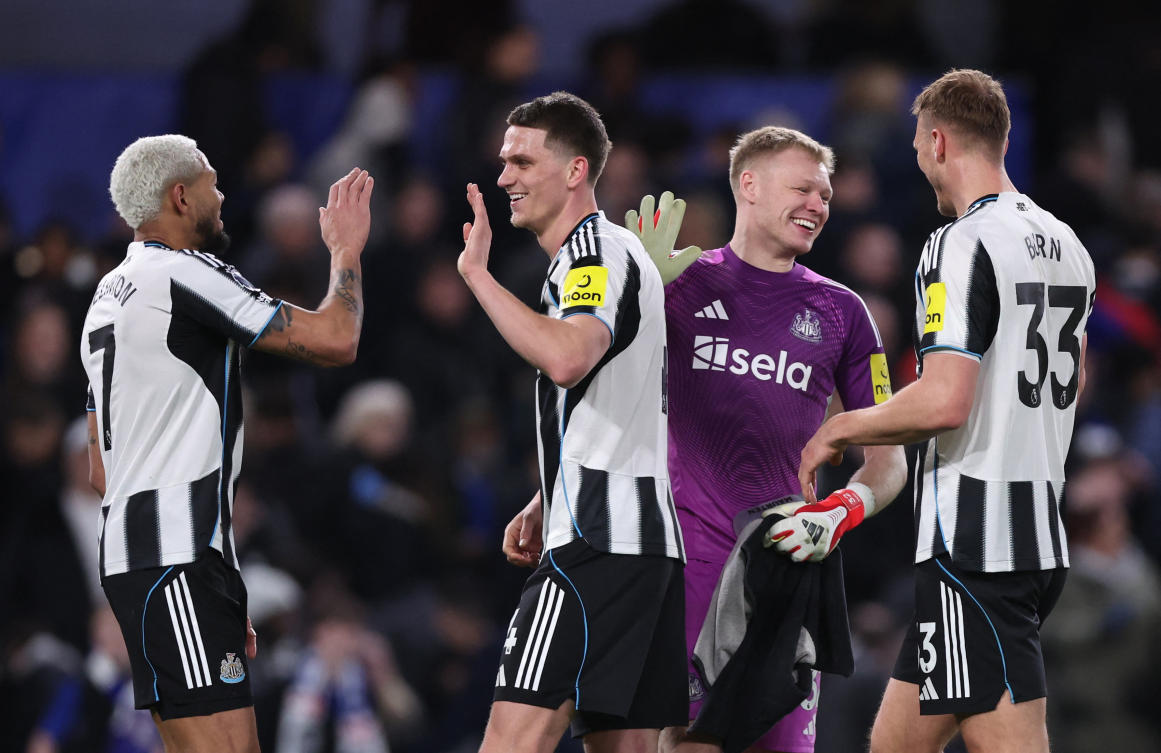 Newcastle United’s Sven Botman celebrates with Joelinton after their Premier League match against Chelsea — Stamford Bridge, London on Mar. 14, 2026. (Reuters)